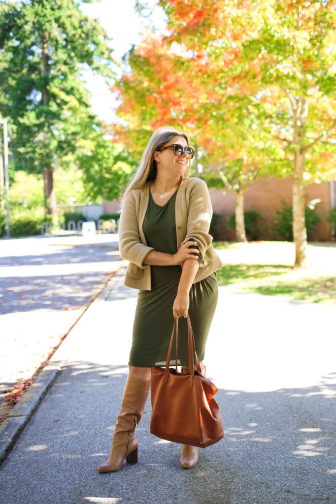 A stretchy dress and slouchy boots are an easy fall outfit idea for when you want to get dressed up for fall. This cute fall outfit is a easy way to wear a dress with boots. Get more fall outfit ideas on narthwestblonde.com #fallfashion #falloutfitidea